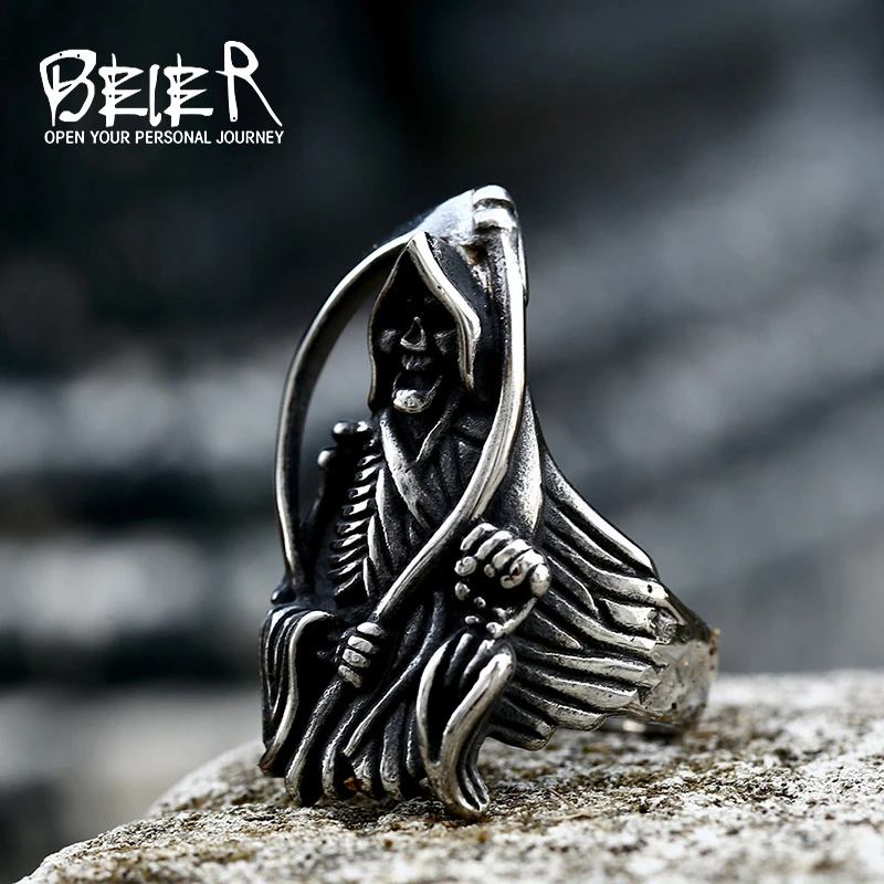 Beier 2022 New Designs 316L Stainless Classic Hell Skull Grim Reaper Men\'s Ring Punk Party High Quality Jewellery LLBR8-143R