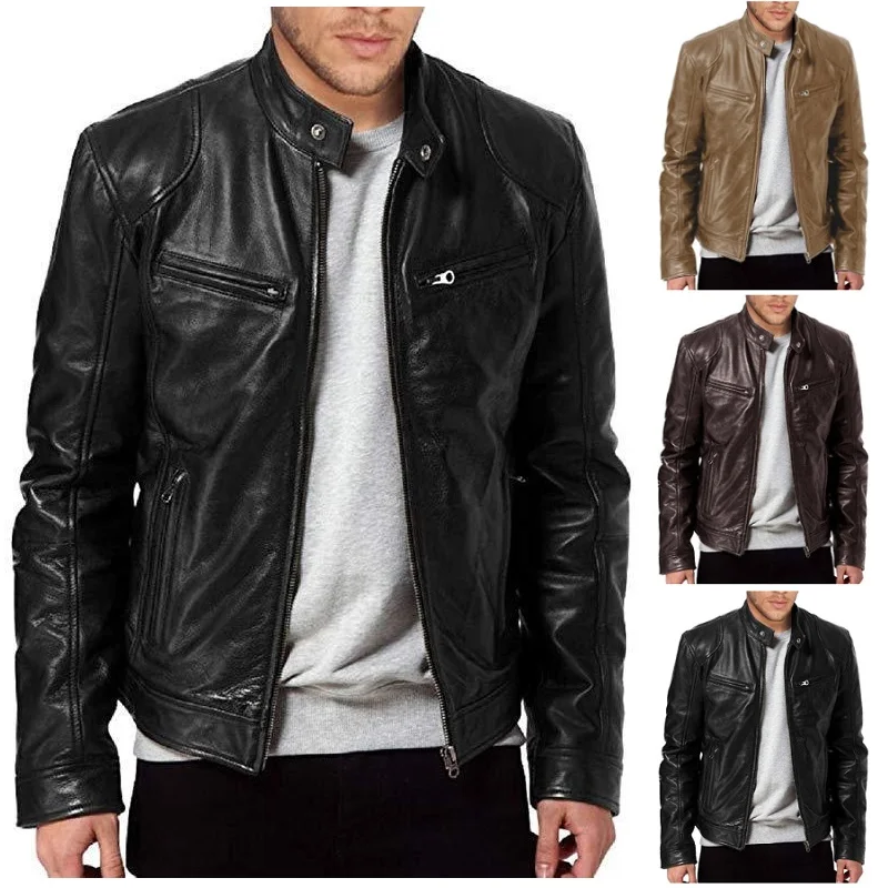 

Khaki Zipper Open Cardigan PU Leather Biker Sle Jaet with kets Slim Fit Youthful Busin Casual Outerwear SY3