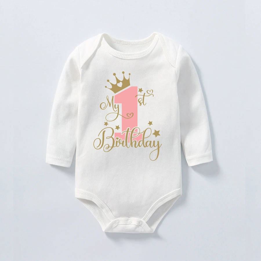 My First Birthday Long Sleeve Bodysuit For Baby Boys Girls Clothes Cute Princess Birthday Party Clothes Cotton Baby Girl Rompers