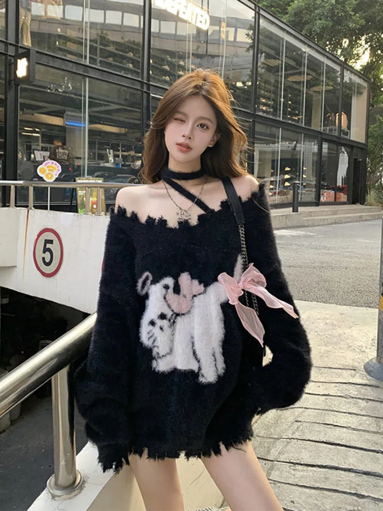 

Waterproof Mink Hole Sweaters for Women Autumn Lazy Loose Bow Pullovers Mujer Y2k Knitted Mid-length Loose Knitted Tops