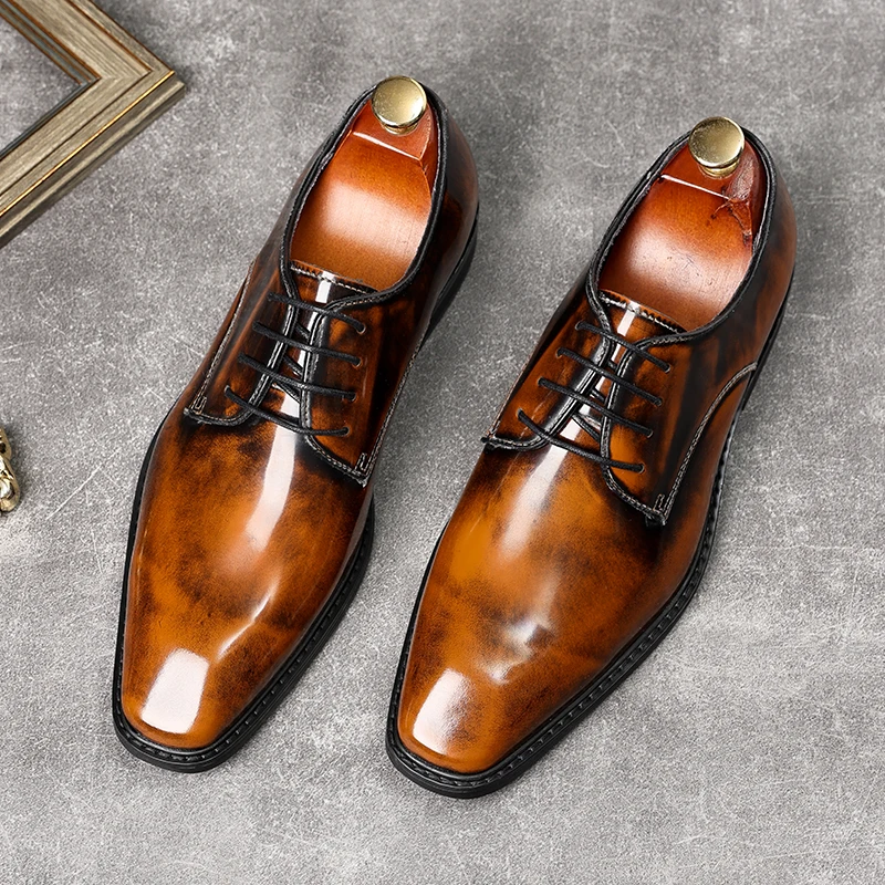 HKDQ Italian Shoes Man Dress Casual Genuine Leather British Oxford Shoes Men Black Brown Blue Wedding Men Lace Up Formal Shoes