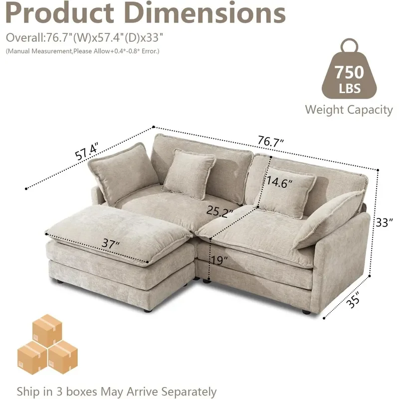 76.7 Camel Small L Shaped Cloud Couch Loveseat Sofa with Ottoman