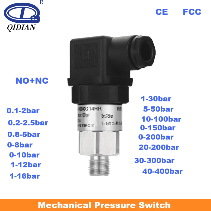 

Mechanical Pressure Switch NO+NC 0-10bar 0-400bar 0-30bar Water Pump Air Oil Pressure Control 20-200bar G1/4 Hydraulic