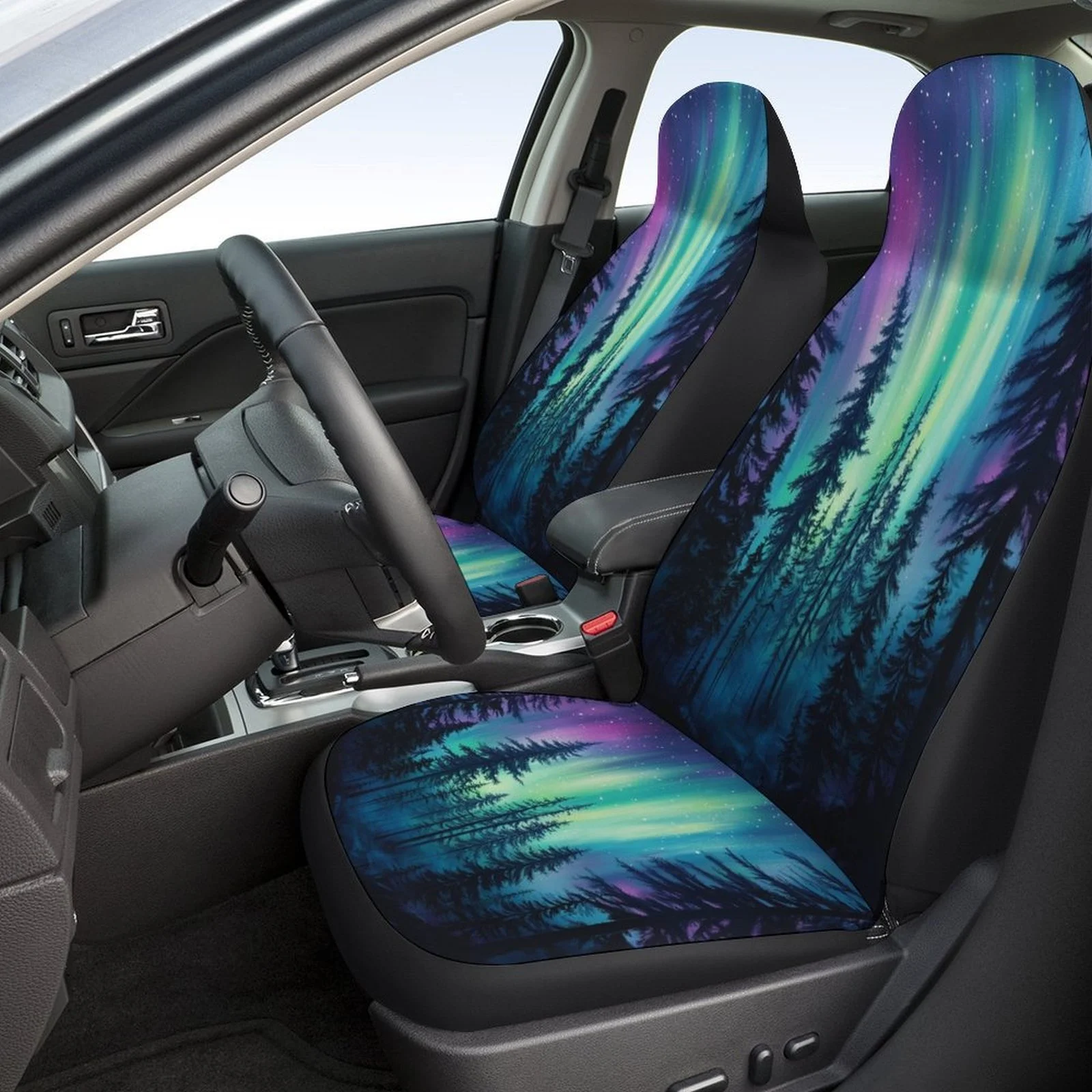 Set Of Car Seat Covers Inspired By The Northern Lights, Stylish And Unique, Designed To Fit Most Vehicles. This Complete Set Inc
