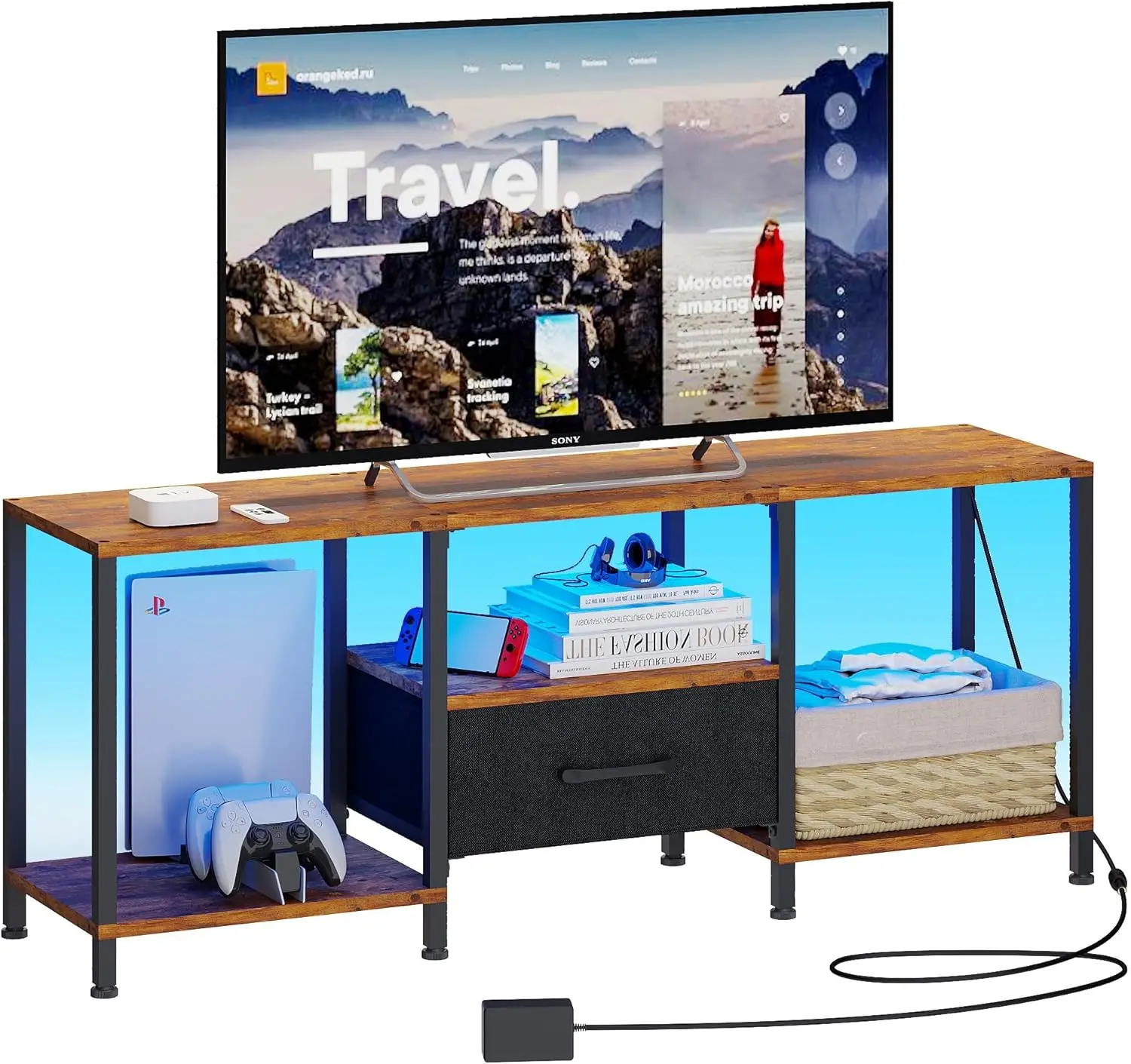 TV Stand with LED Lights, Entertainment Center with Open Shelves and Fabric Drawer, Media Console for 55 Inch