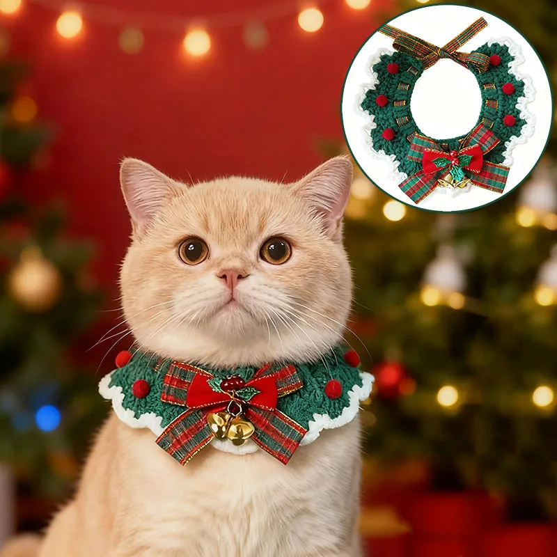 Gato bonito arco colar de lã crochê natal gatos gravata borboleta babador para animais de estimação para gatos internos gatinho e cães pequenos filhotes