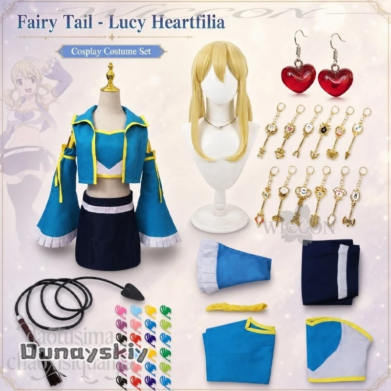 Disfraz de Cosplay de Lucy de la Serie Anime FAIRYY Temporada 2, Top Azul de Manga Larga, Mini Vestido, Accesorios, Pendientes, Llavero, Cola, para Fiesta de Halloween