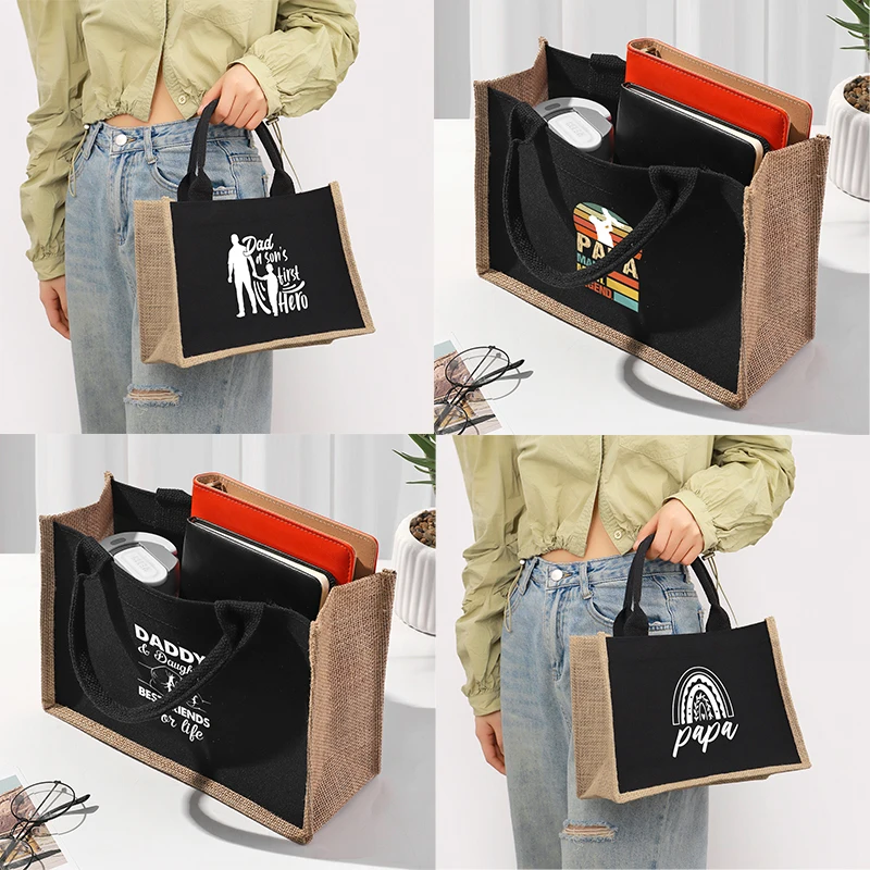 Father's Day printed pattern black patch linen canvas handbag, waterproof interior, large capacity commuting bag storage bag