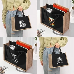 Father's Day printed pattern black patch linen canvas handbag, waterproof interior, large capacity commuting bag storage bag