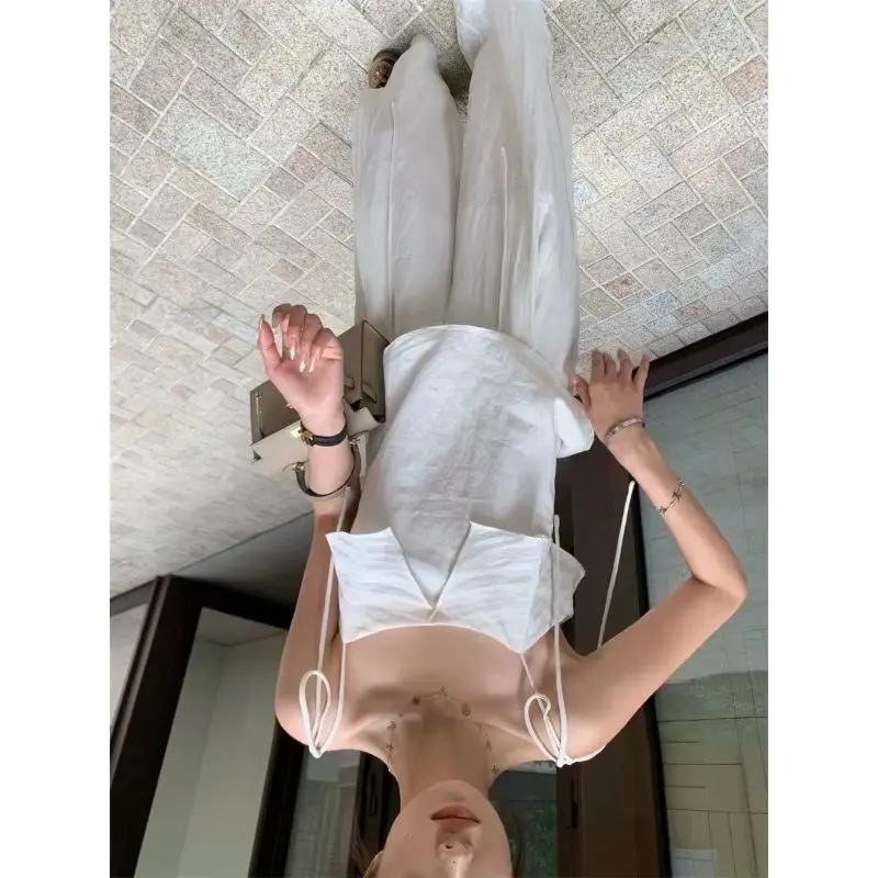 

Women's Summer Lotus Leaf Edge Suspender High Waist Wide Leg Trousers Can Be Worn Outside Large Size 145KG Loose Casual Suit