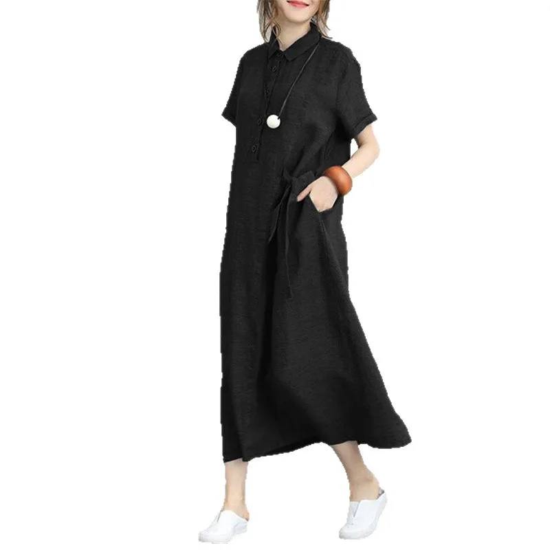Casual Cotton Linen Collar Women's Dress Black Short Sleeve Loose Pocket A-Line Skirt Style Summer Fashion Commute Wind