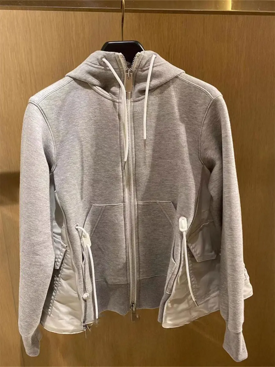 FOG SACAI 2024 Autumn Winter New Design Hooded Jaet Thin Fce Zipper ket Patchwork Sweatirt Women's Casual Wear