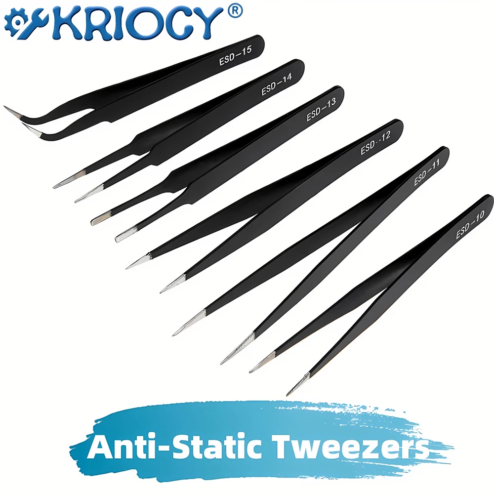 6PCS ESD Anti-Static Stainless Steel Tweezers Set Maintenance Repair Tool Kit ESD-10/11/12/13/14/15 Twizers Set