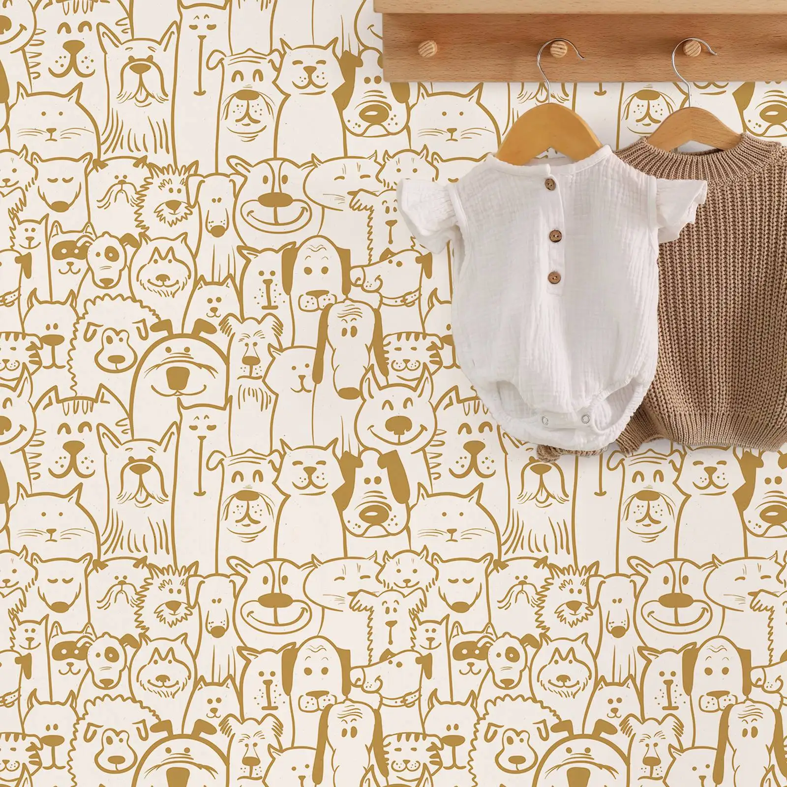Cats With Dogs Peel and Stick Wallpaper, Yellow and beige Color Wallpaper ,Kids/ Nursery  Wall Mural Paper ,Non-Woven Wall paper
