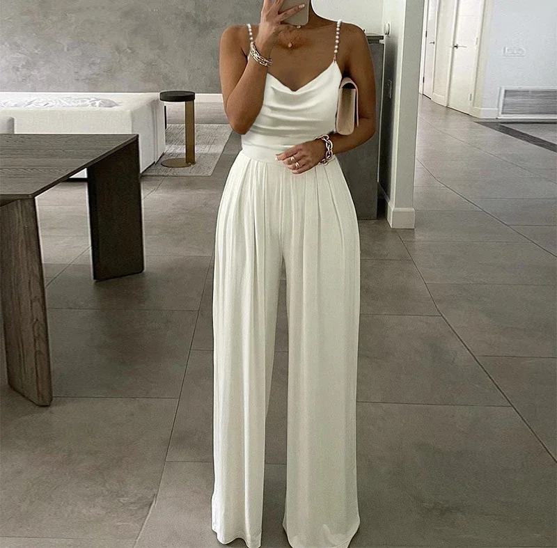 

Jump Suits for Women Streetwear 2023 Autumn Pearl Suspender Wide Leg Sleeveless V-neck Backless Long Pants Jumpsuits of Female