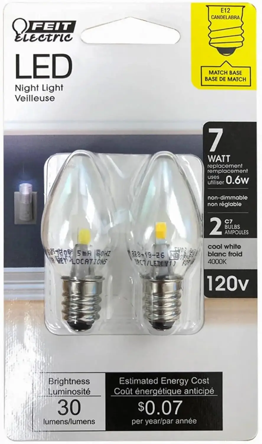 

0.6W LED Night Light Bulb, C7 Candelabra Base, Clear Glass, 4000K Cool White, 2-Pack