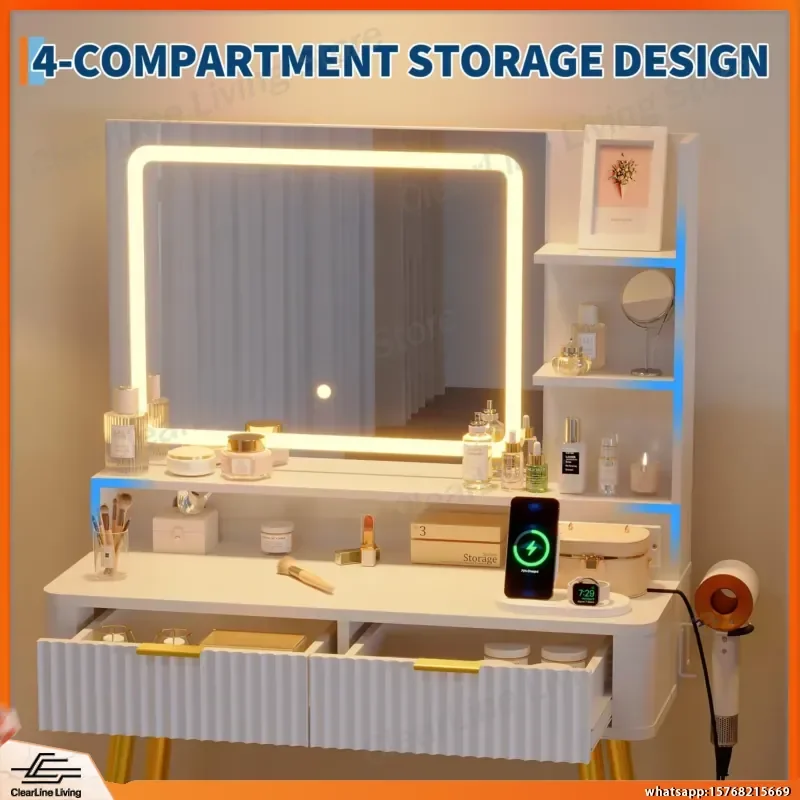 Fluted Vanity Desk with Mirror Lights 31 Inch Makeup Vanity Table with 2 Drawers 3 Lighting Modes Dressing Table for Bedroom
