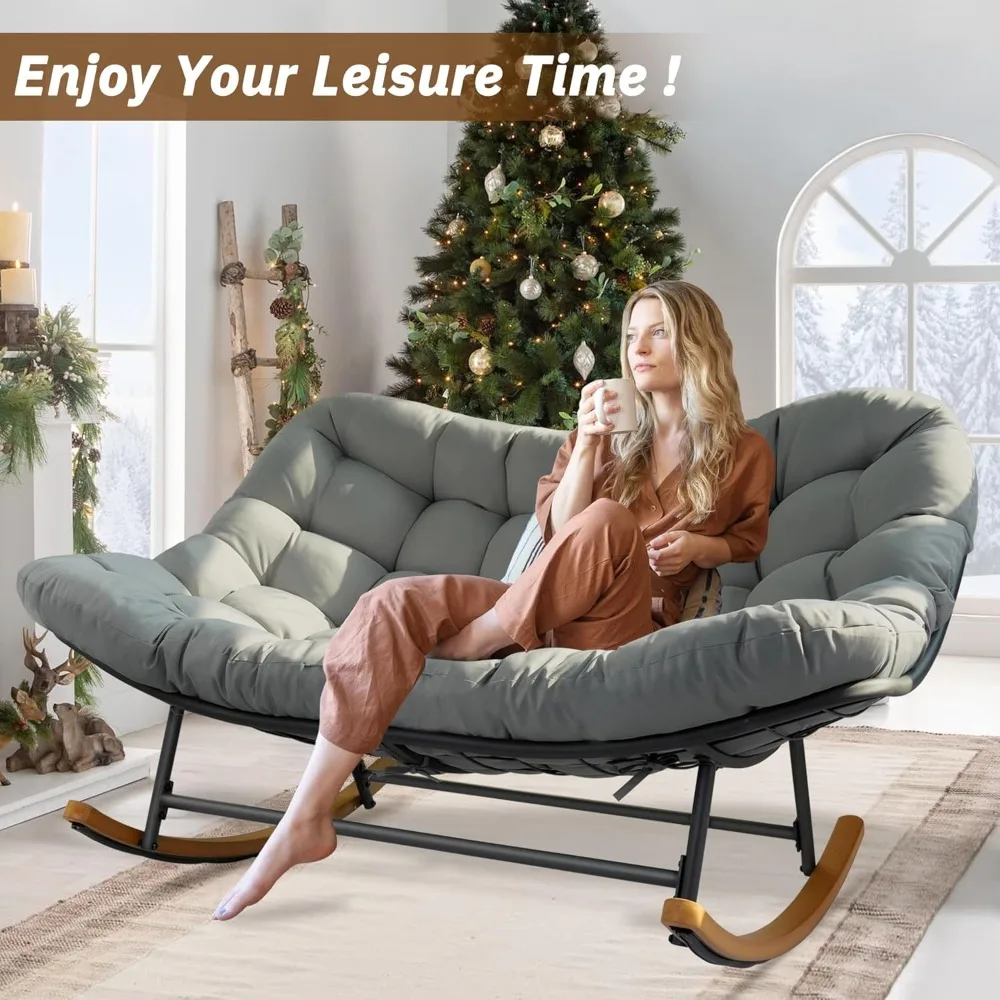 흔들의자 Papasan 의자, 2인용 실내 및 실외용 파티오 흔들의자, 두꺼운 쿠션과 강철이 있는 대형 흔들의자