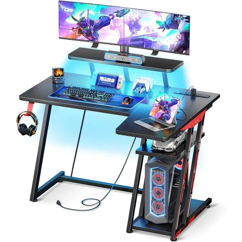 Small Gaming Desk with LED Lights & Power Outlets, 39 Inch L Shaped Gaming Computer Desk with Storage Shelf, Gamer Desk