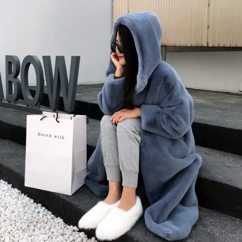 Women's Long Hooded Stand Collar Faux Fur Coat Imitation Mink Velvet Fur Thickened Loose Jacket Winter Commute Women Clothing