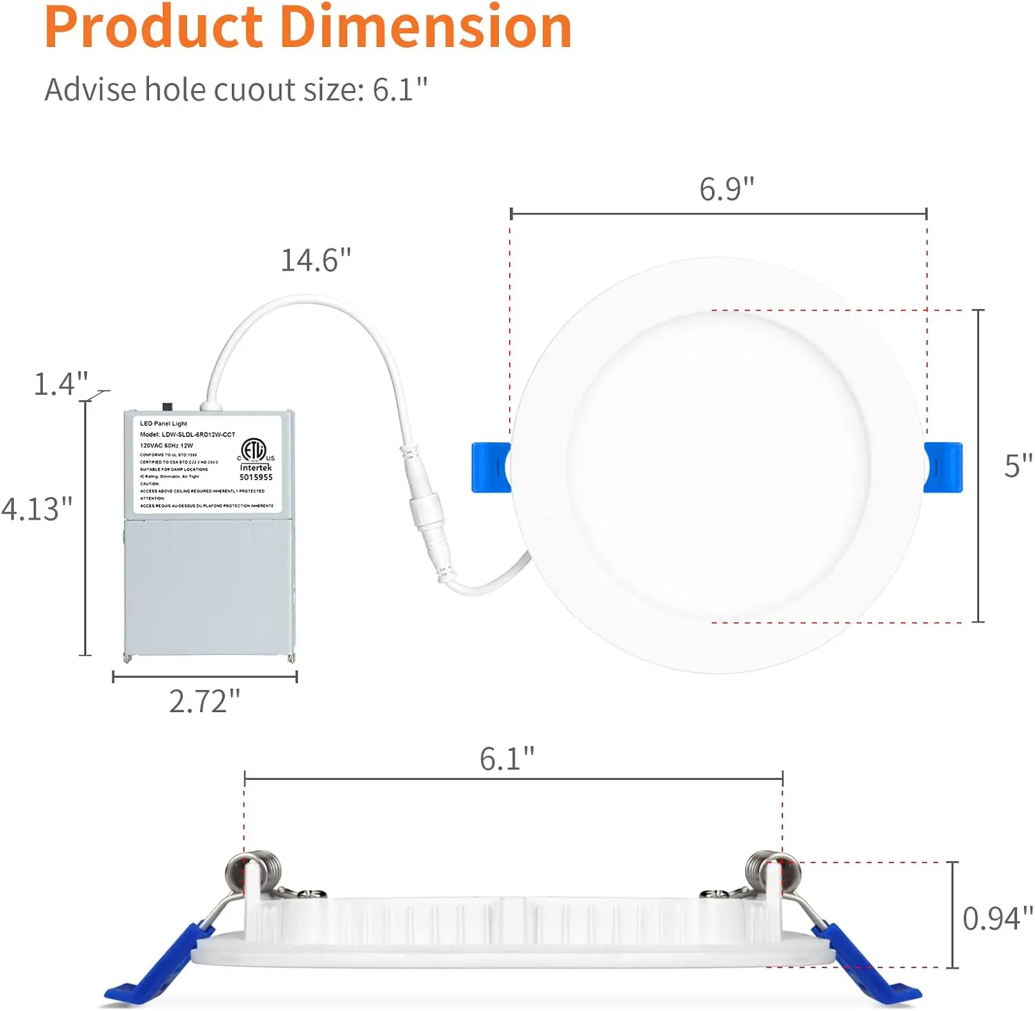 Meconard-Éclairage LED encastré ultra-fin, 6 pouces, 5 ct, avec veilleuse, 2700K/3000K/3500K/4000K/5000K sélectionnable