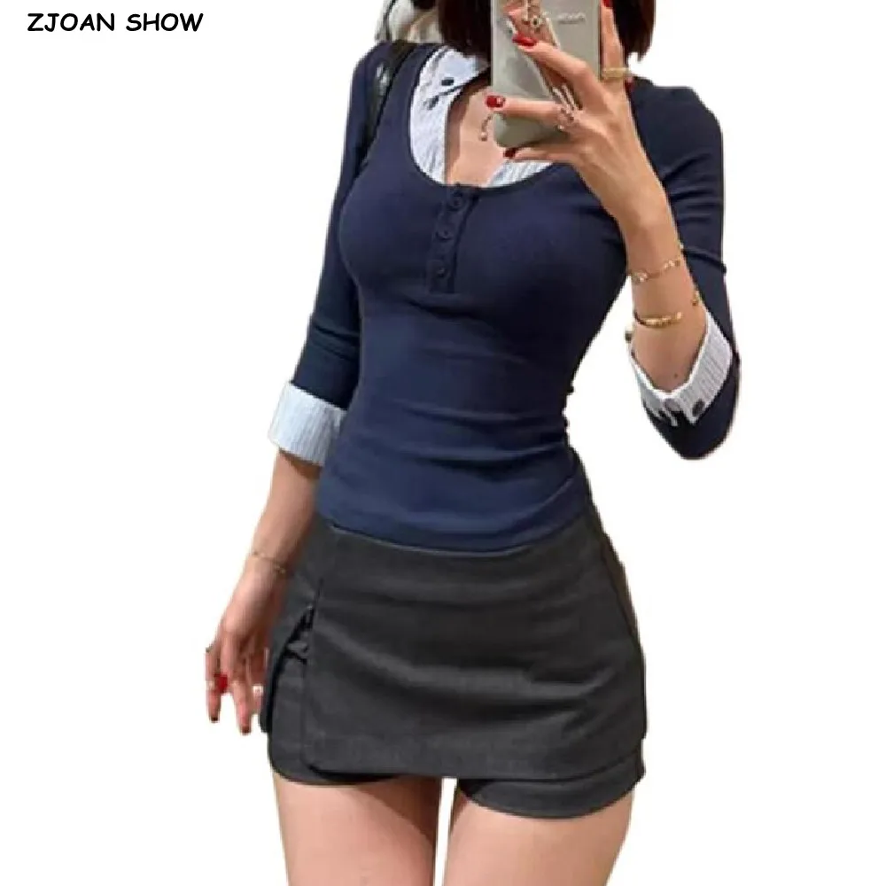 

Осень 2025 г., полосатая трикотажная хлопковая футболка с лацканами в рубчик и длинными рукавами, женская ложная футболка из 2 предметов, облегающий пуловер, футболки