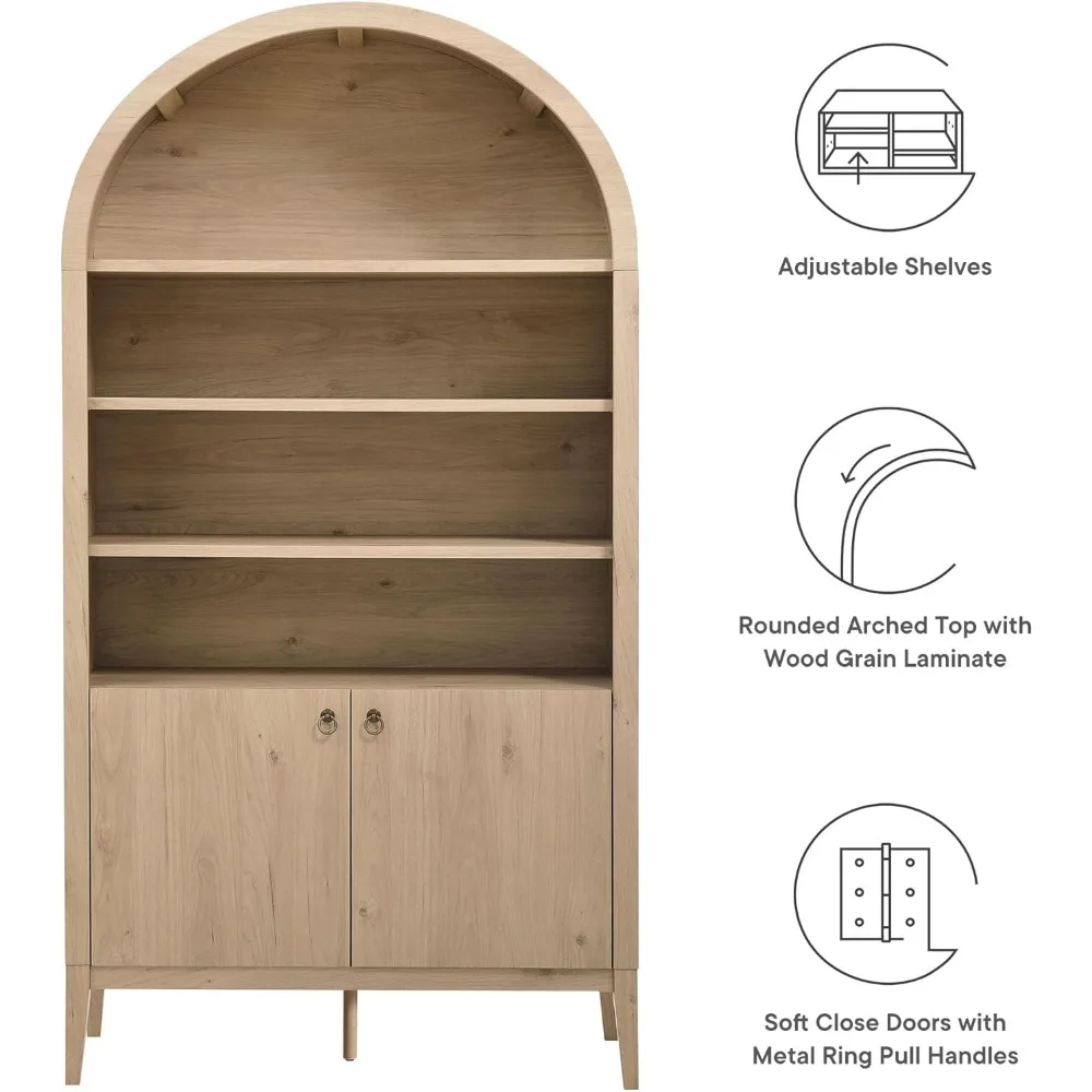 خزانة عرض تخزين من خشب البلوط الخفيف مقاس 74 بوصة مع رفوف مفتوحة ومغلقة، جمالية حديثة، تصميم رف الكتب #4