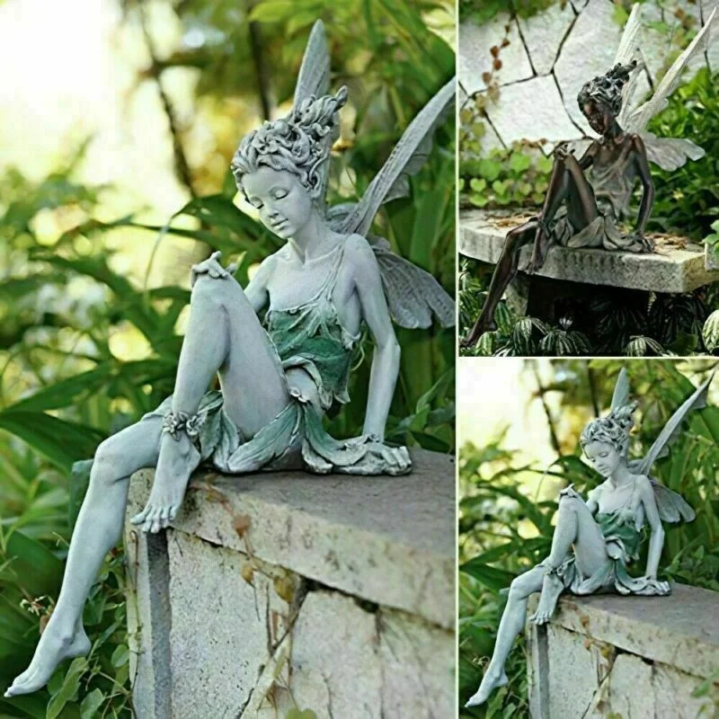 Tudor and Turek Resin Sitting Fairy Statue Garden Ornament Porch Sculpture Yard Craft Landscaping for Home Garden Decoration