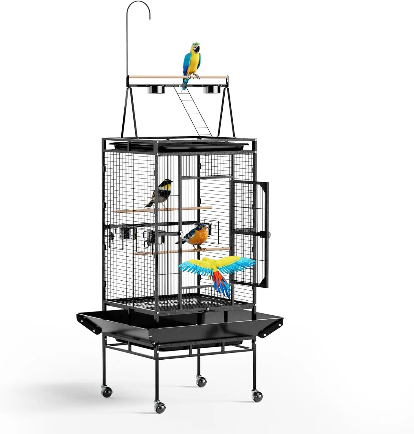 

83 Inch Bird Cage with Play Top, Large Wrought Iron Bird Cage with Wheels, Rolling Parakeet Cage with Removable Tray for