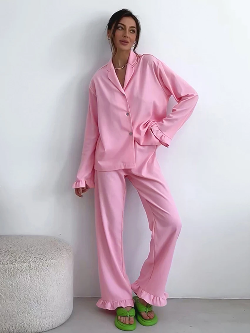 Marthaqiqi Casual Women Sleepwear 2 Piece Set Turn-Down Collar Pajamas Long Sleeve Nightwear Pants Loose Femme Nightgowns Suits