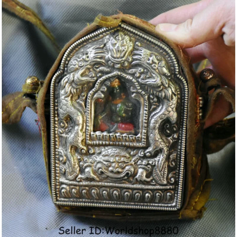 

5.2 Inch Old Tibet Buddhist Temple Silver Green Tara Goddess Dragon High Shrine Box