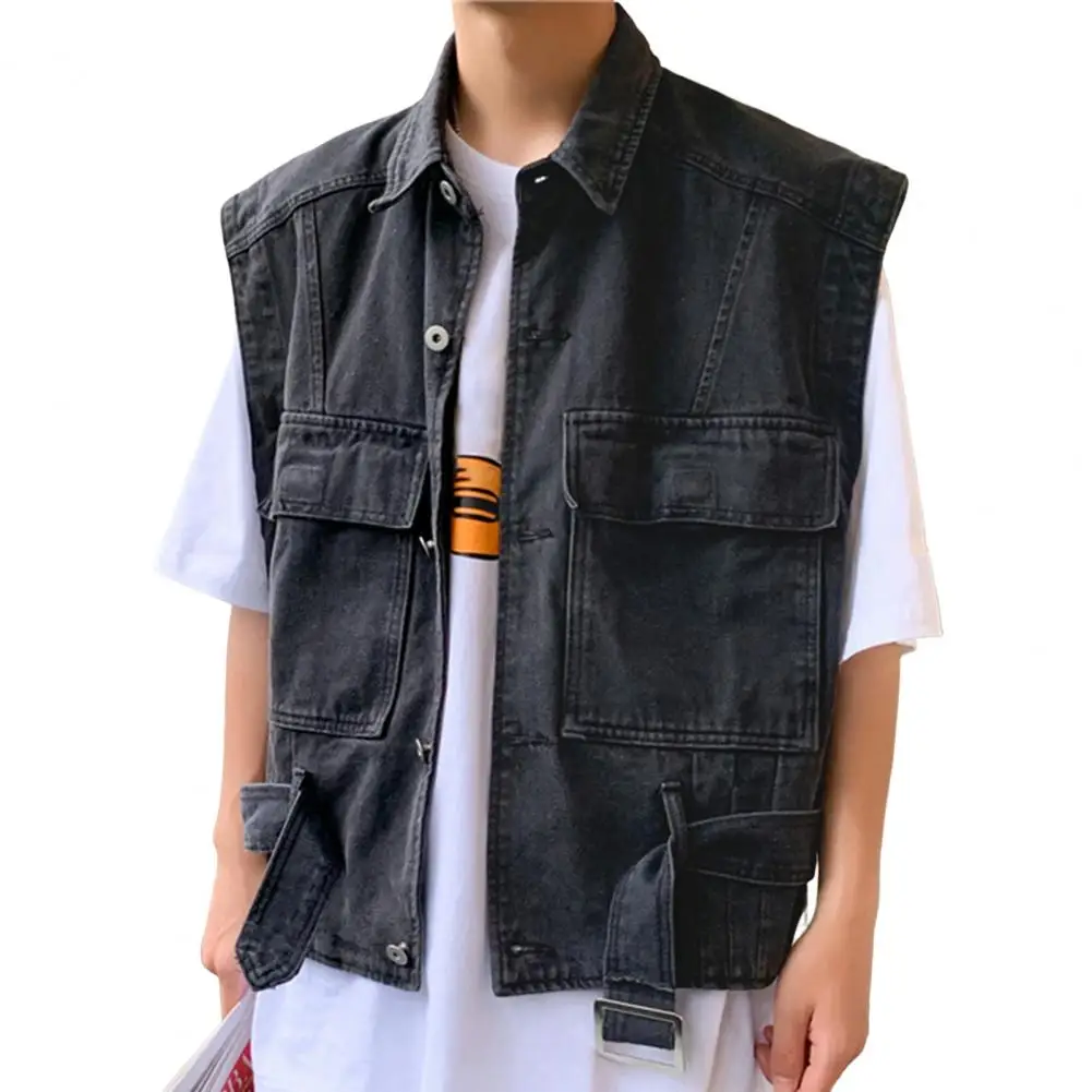 Stylish Men Cargo Vest Man Buttons Soft Relaxed Fit Single Breasted Denim Vest Men Denim Waistcoat Dressing