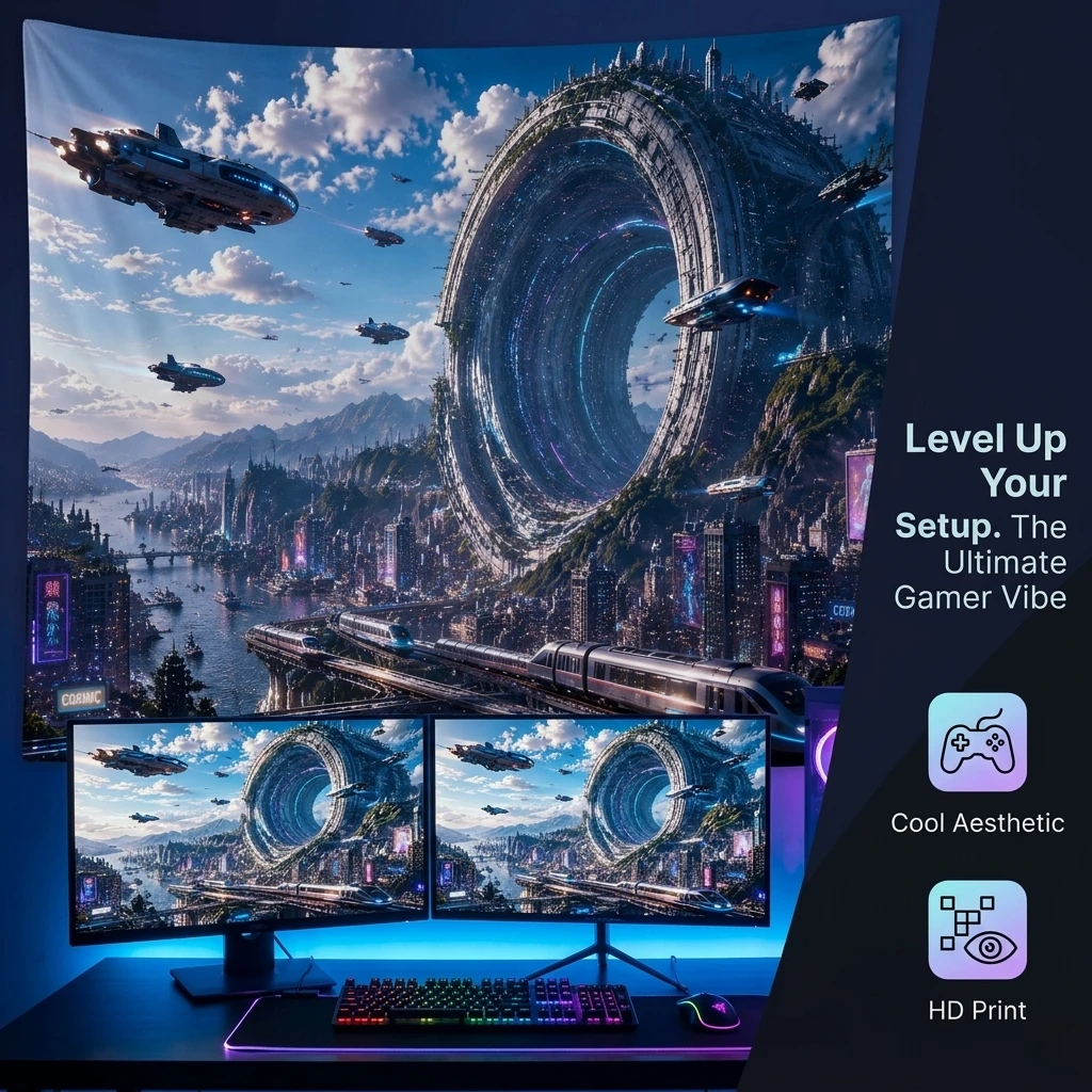 Large Sci-Fi Futuristic Portal Tapestry Wall Hanging Cyberpunk Digital Art Print Transformative Galaxy Cityscape Room Decor Post