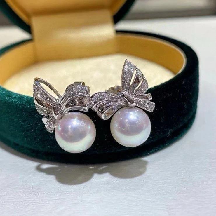 

Certificated Fashion Luxury Designer 925 Silver Bowknot Pearl Ear Stud 9-10mm Pink Round Aurora Lusuter Pearl Earring Jewelry