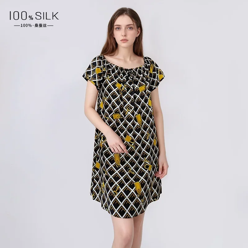 

Сорочка из 100% тутового шелка с принтом, ночная рубашка, домашняя одежда, свободная пижама с круглым вырезом, ночная рубашка, пижама с короткими рукавами, ночная рубашка PJS