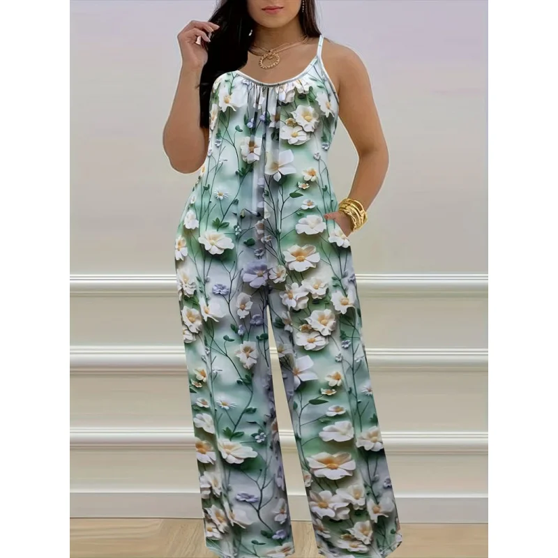 

Elegant High-End Satin New French Style Strap Jumpsuit Long Pants Women Floral Summer Slimming Women's Clothing