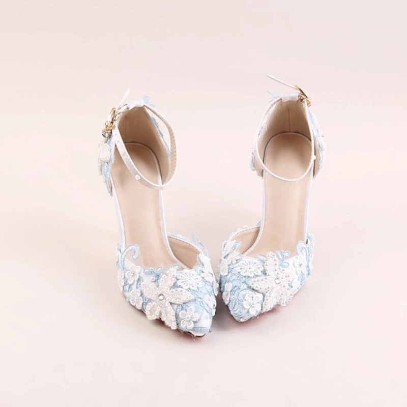 Blue Lace Flower Wedding Shoes Bride Pearl Rhinestone Dress Pumps Pointed Toe Stiletto High Heels Ankle Strap Sweet Sandals