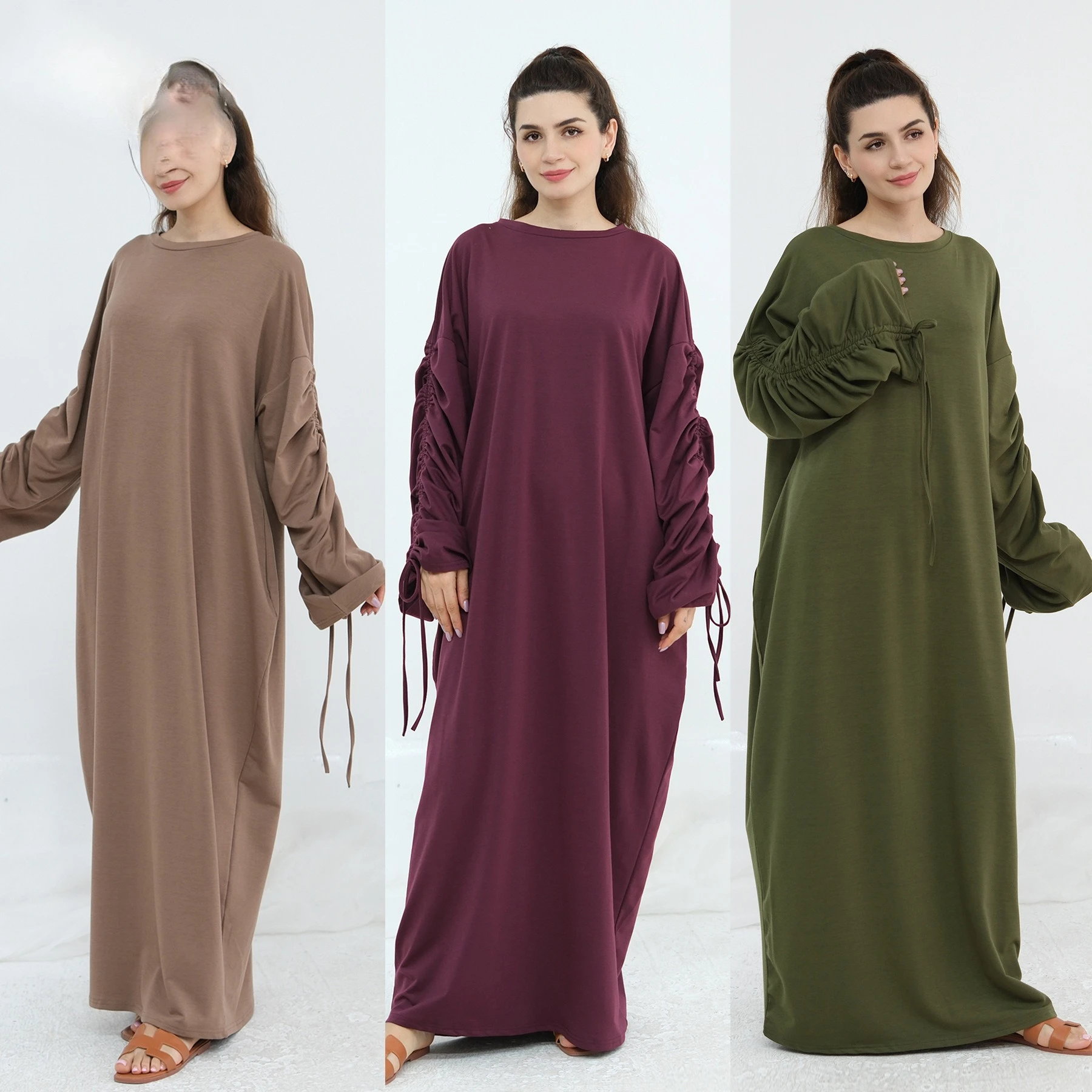 

Осеннее новое мусульманское модное женское повседневное платье Абая из полиэстера, халат LR1036, Дубай, Турция, платье на шнурке с манжетами для женщин