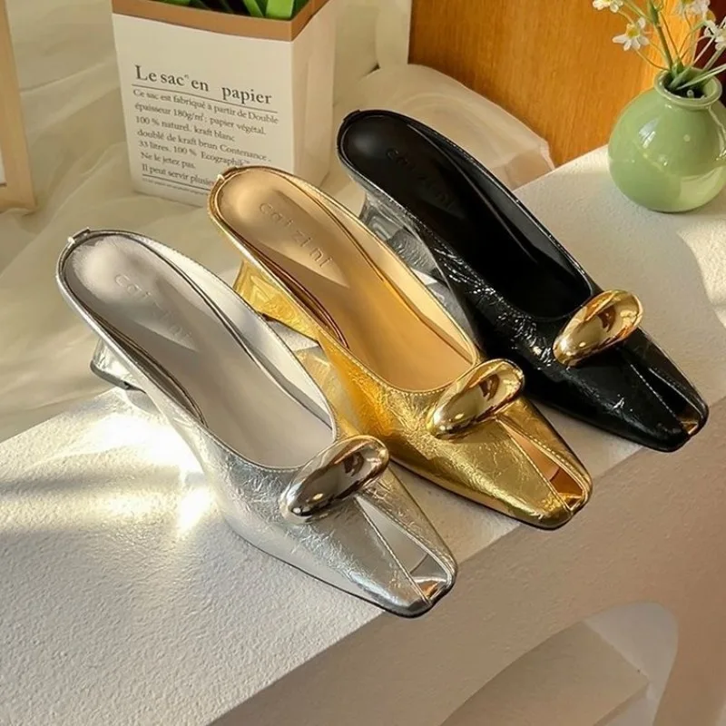 

Designer Womens Shoes Summer Square Toe Slippers Fashion Metal Buckle Casual Slippers for Women Banquet Party Shoes Mules Slides