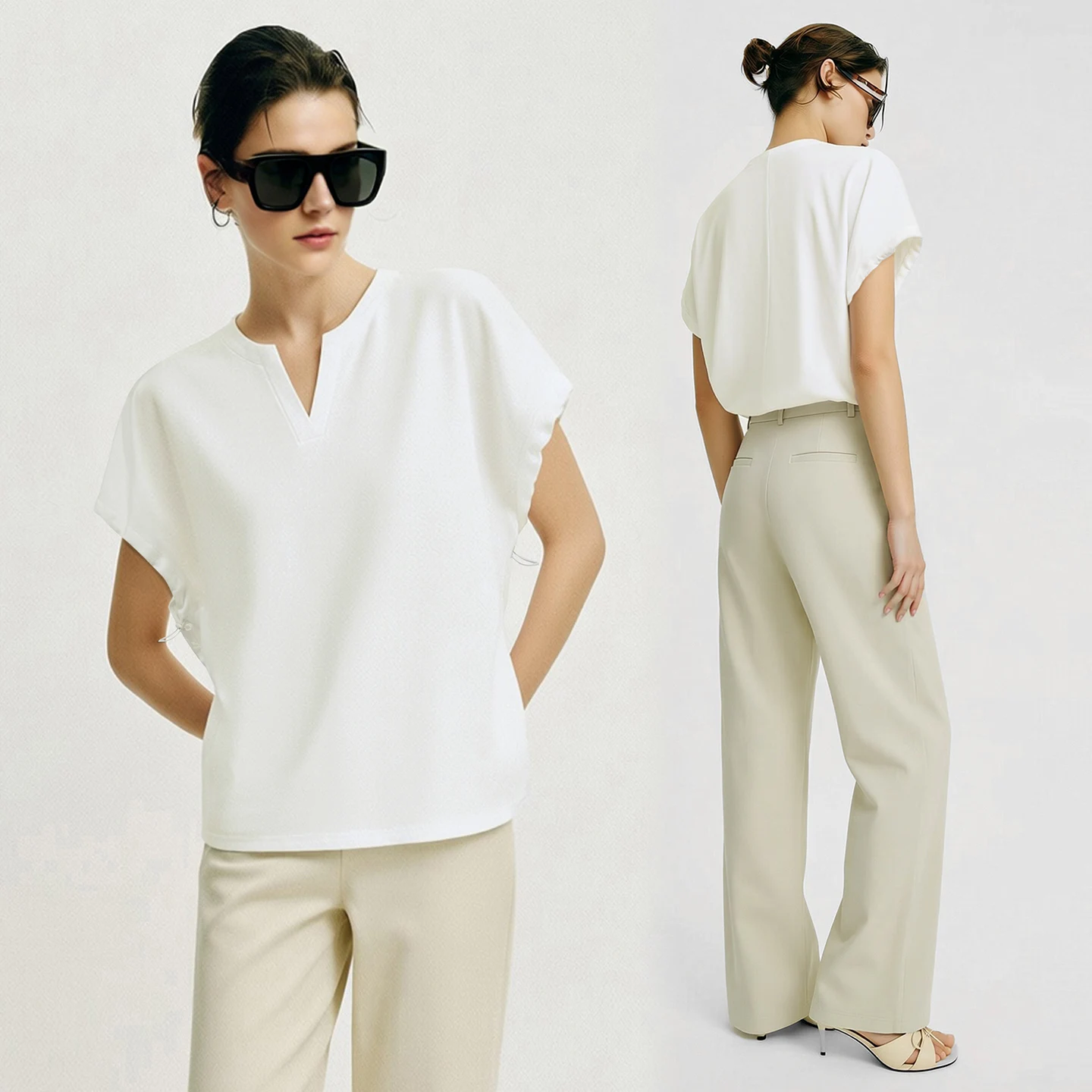 Amii V-Neck Women's T-Shirt 2026 Summer New Adjustable Cuff Stretch Tee Loose Casual Dolman Short Sleeve Top For Women 12622182