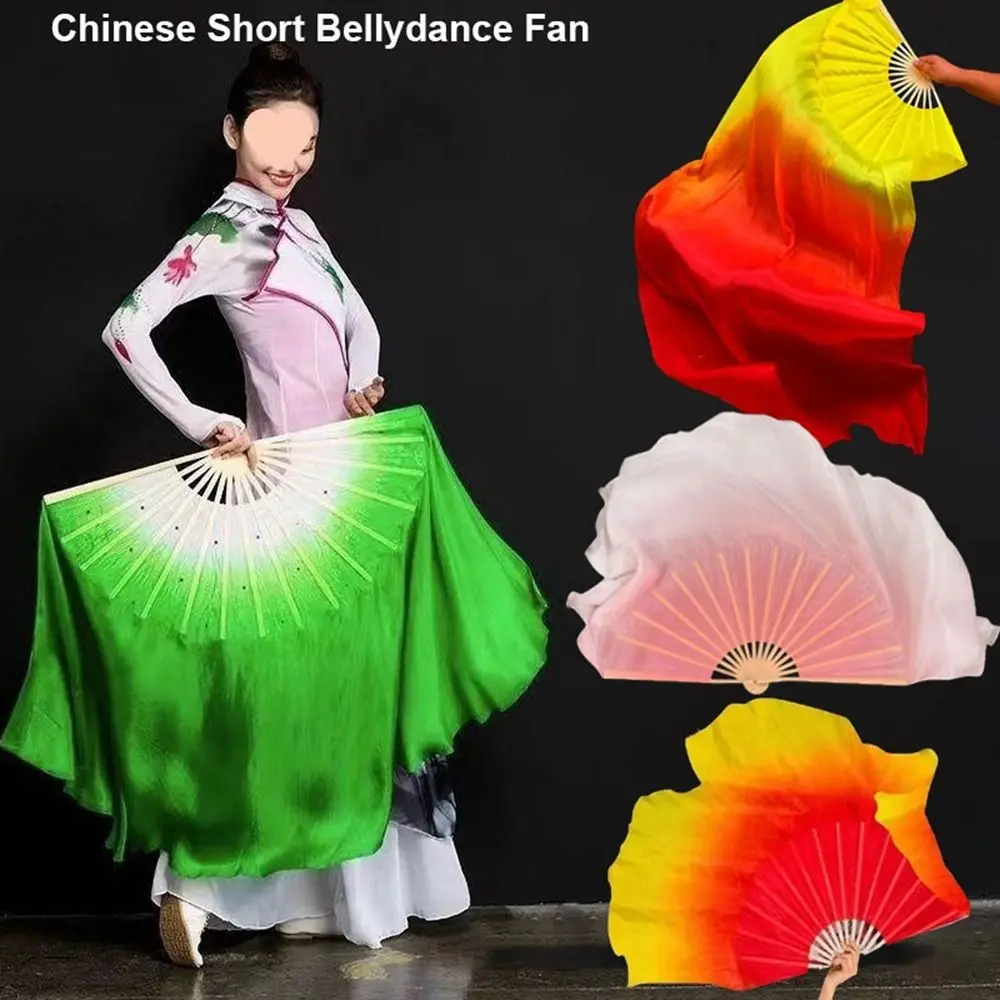 

31cm Bamboo Chinese Short Bellydance Fan 10cm Half Circle Silk Veil Long Imitation Pairs Yangko Dance Bamboo Fans