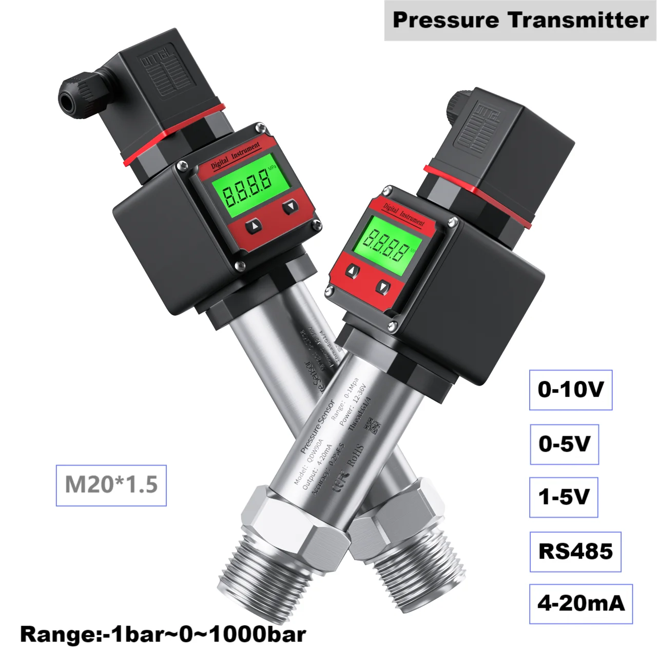 M20*1.5 Pressure Transmitter LCD -1-0bar 1bar 5bar 10bar 30bar 50bar 60bar Pressure Transducer Sensor 4-20mA 0-10V 0-5V 1-5V