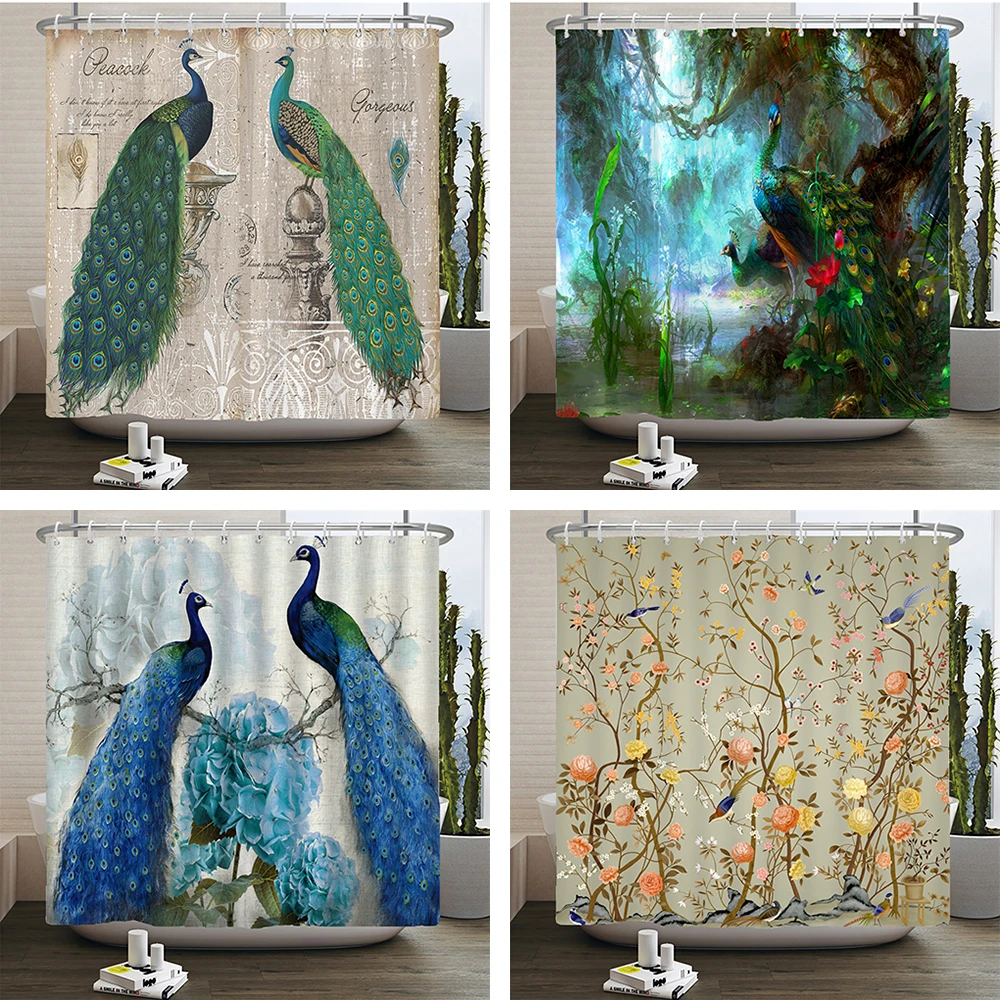 Peacocks Shower Curtains Chinese Birds Feather Bathroom Curtains 3d Retro Flower Waterproof Polyester Bath Screen With Hooks