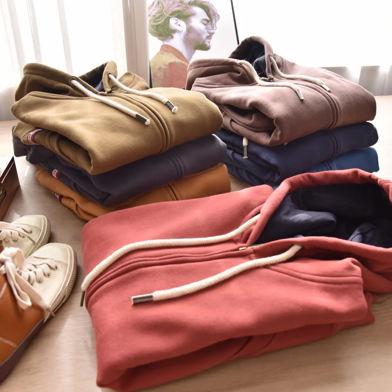 سترة بقلنسوة من الصوف للخريف والشتاء ثقيلة الوزن للرجال سترة يابانية مناسبة للزوجين بغطاء للرأس دافئة وسحاب عالي الشارع