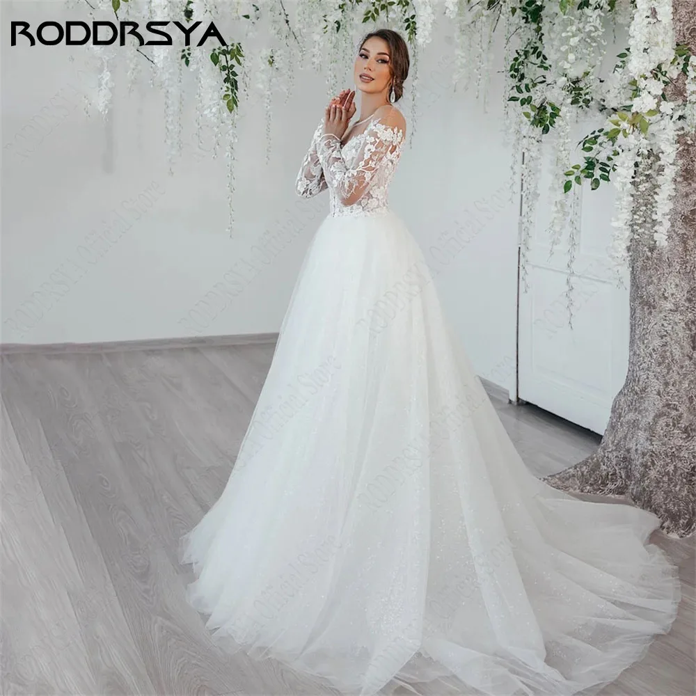 RODDRSY Civil Long Sleeves Lace Wedding Dress A-Line O-Neck Illusion Back Bride Gowns Custom Made Suknia ślubna z długim rękawem