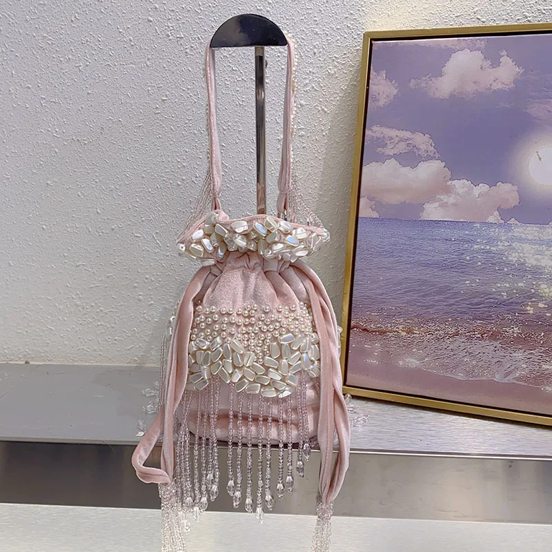 

FIRMRANCH Luxury Sweet Pink Velvet Handmade Beaded Tassel Crystal Design Women's Handheld Bucket Bag Trendy Banquet Dress Purse
