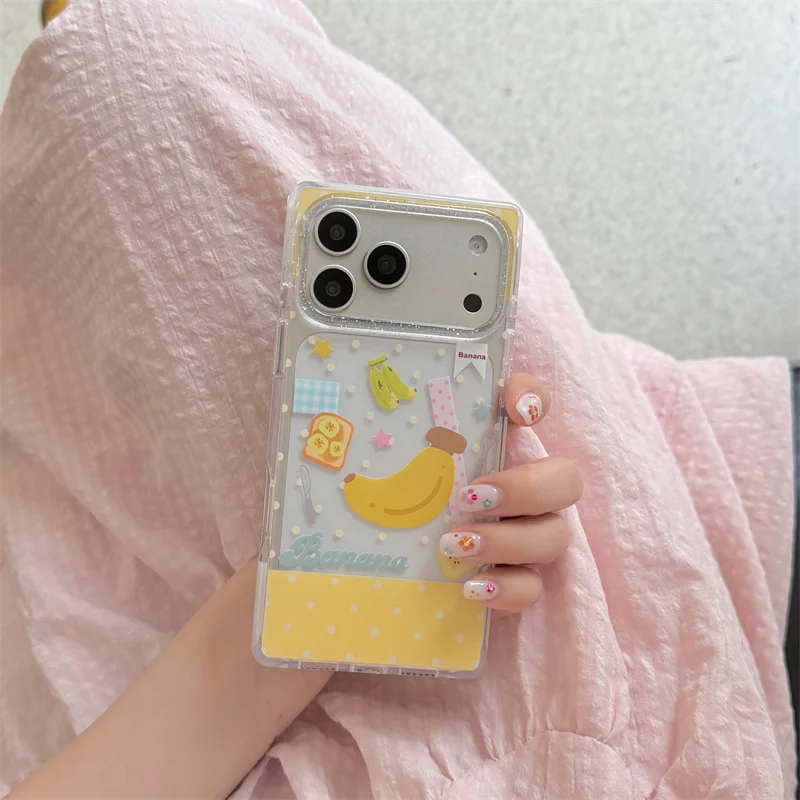 

Kawaii Banana Print Clear Phone Case For iPhone 17 16 15 Pro Max Cute Polka Dot Shockproof Protective Cover For Girls