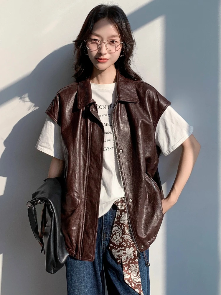 Casual Echtes Leder Ärmellose Weste Jacken für Frauen Frühling Herbst High-end-Einfache Feste Weiche Öl Wachs Echt Schaffell mantel