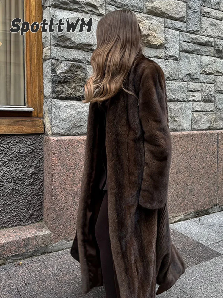 Women's Thick Brown Faux Fur Long Overcoat Fashion Fleece Warm Long Trench Coats Winter Fluffy Plush 2024 New Street Outerwear