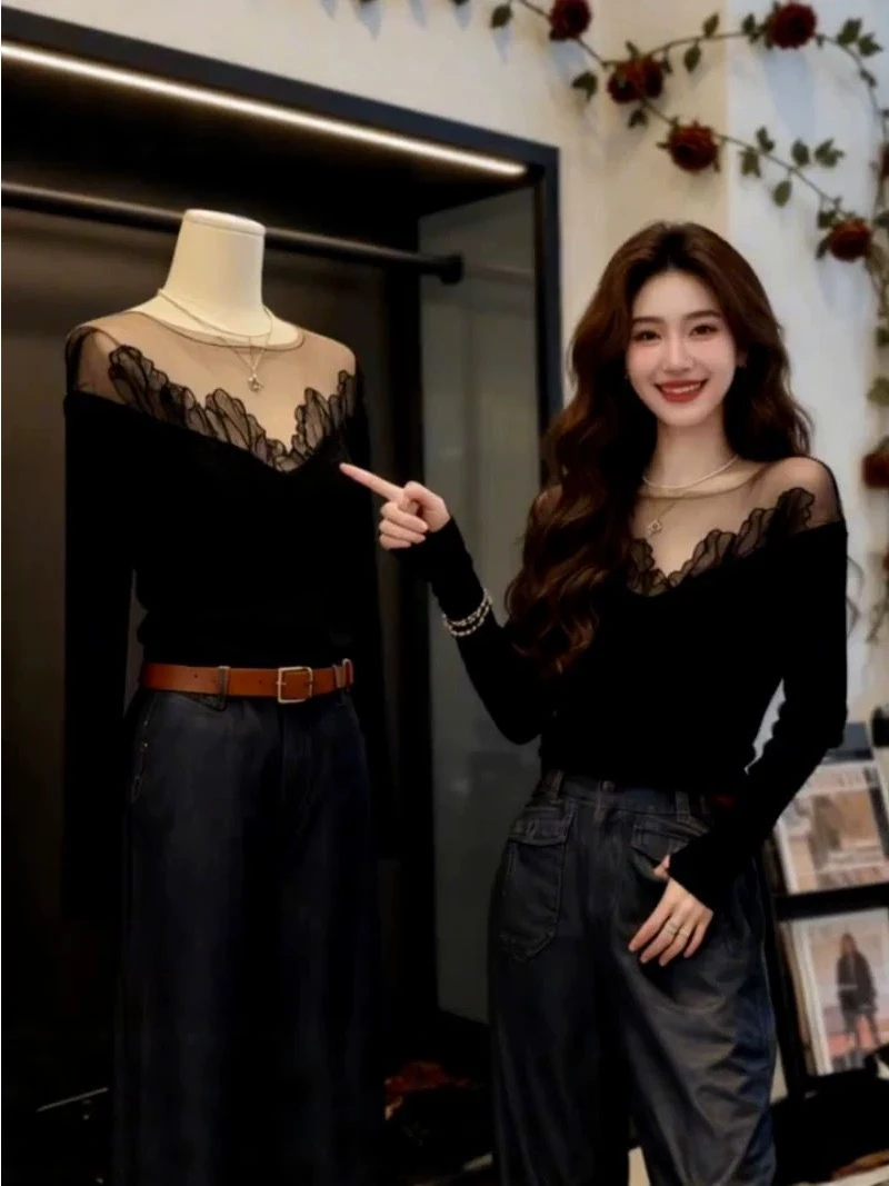 

Bla Lace Me Slim Fit Knitted Sweater Inner Wear Base irt Top Faionable Sexy Sle Long Sve round Ne Pullover